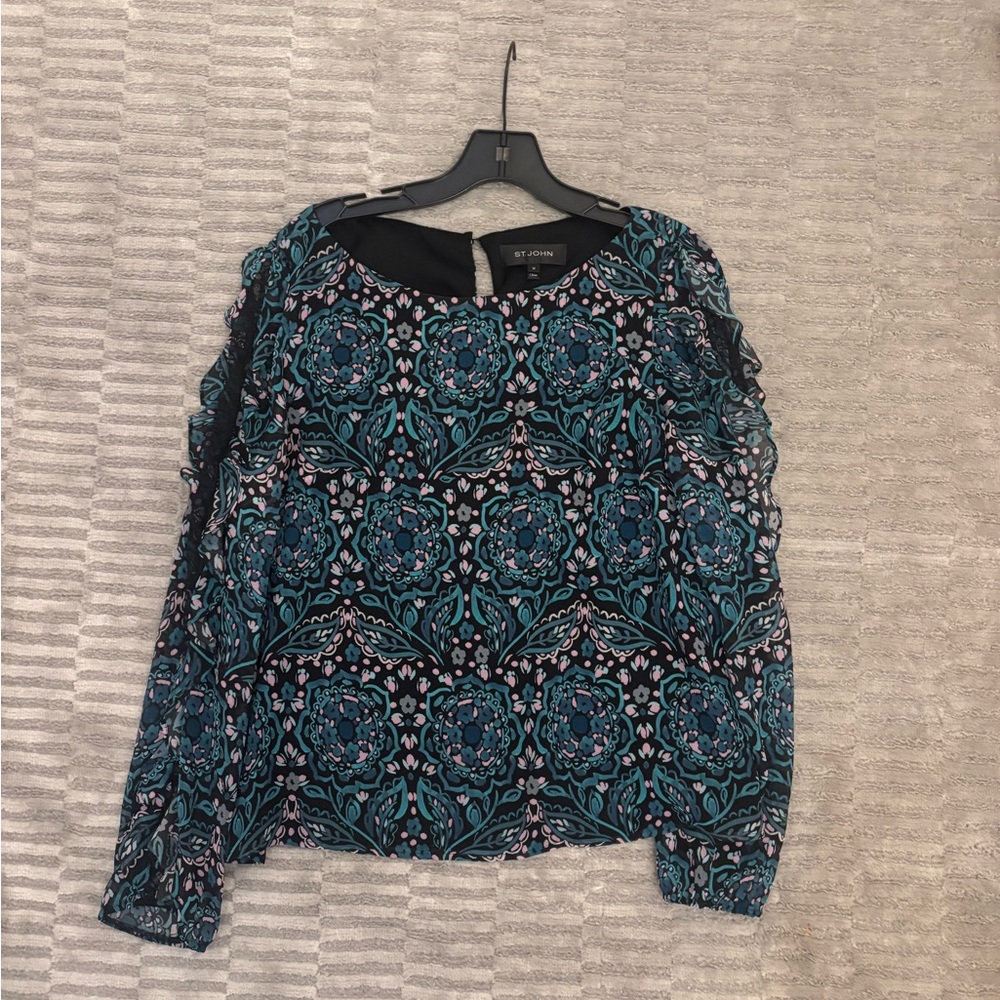 St. John Black and Teal Floral Blouse